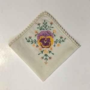 Vintage Hand Painted Pansy Floral Handkerchief Hankie Crochet Lace Edge READ